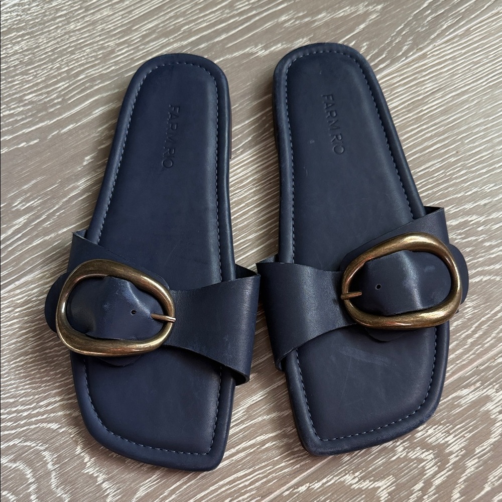 FARM Rio Navy Slide Sandals with Gold Buckle - Picture 8 of 10